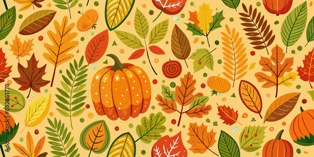 Autumn leaves and pumpkins pattern on yellow background Autumn leaves and pumpkins pattern on yellow background