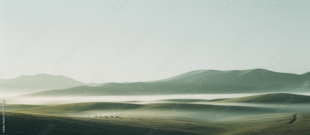 Obraz premium Landscape of grassland in the morning with fog and mountains in the background.