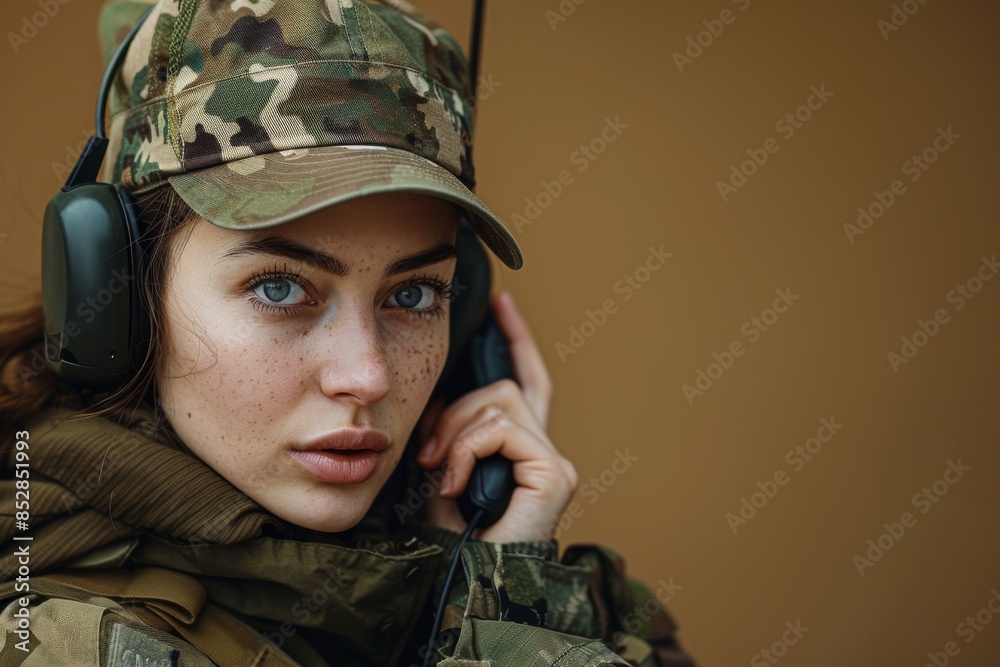 Female soldier in camouflage gear using a tactical radio Female soldier in camouflage gear using a tactical radio