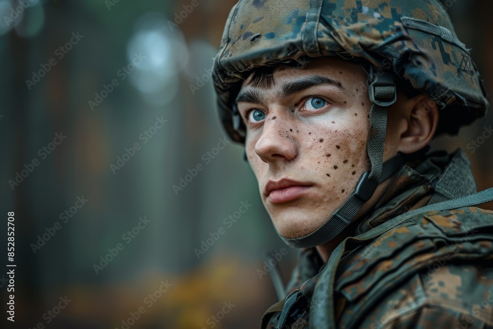 Close-up portrait of a young infantry soldier in camouflage uniform with a focused expression Close-up portrait of a young infantry soldier in camouflage uniform with a focused expression