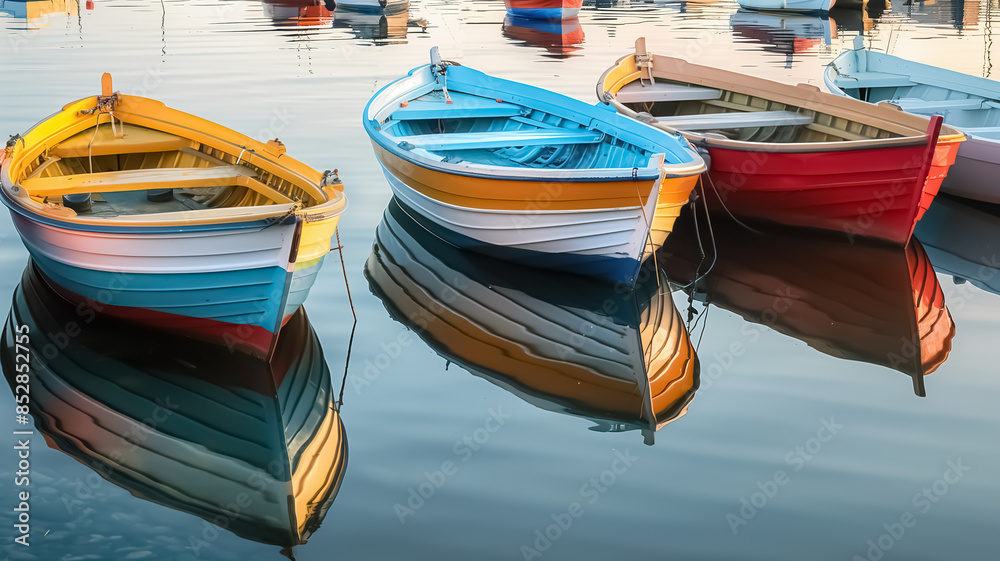 Obraz premium Colorful boats on the pier during sunset