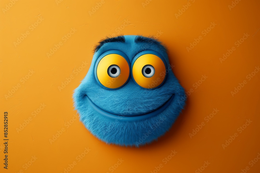 Fototapeta premium Cute cartoon blue face with big eyes and happy smile on orange background