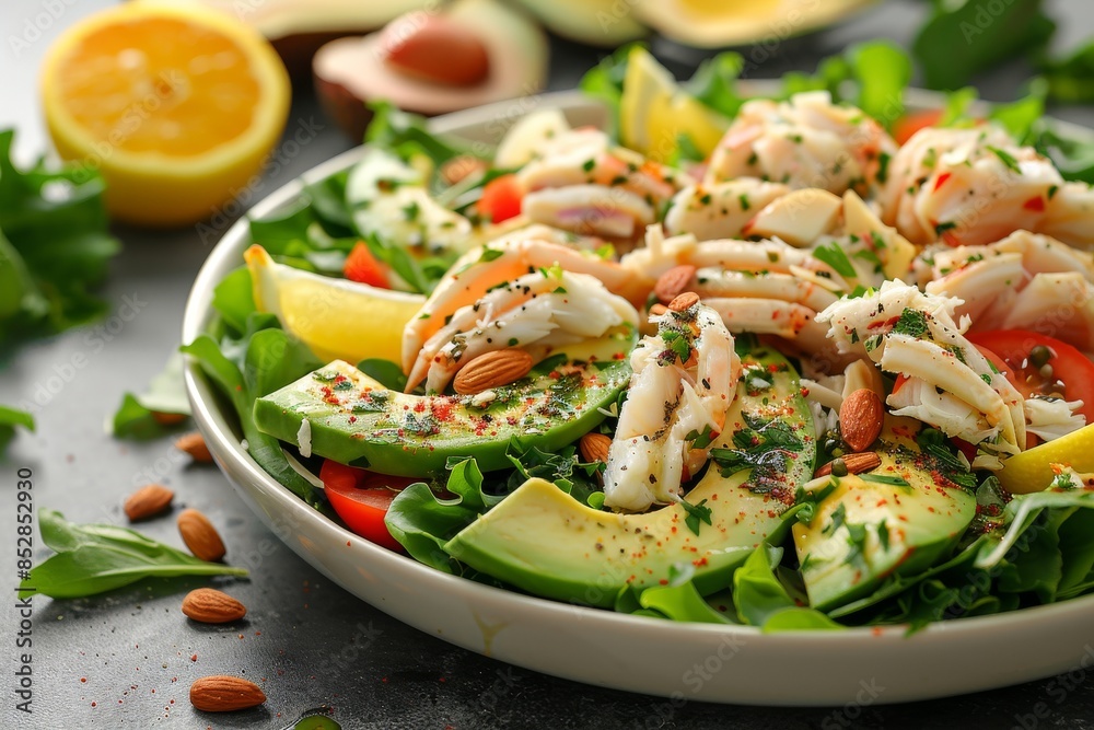 A refreshing salad made with lump crab meat, ripe avocado slices A refreshing salad made with lump crab meat, ripe avocado slices