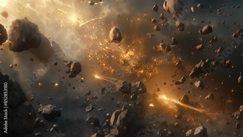An asteroid field filled with scattered debris and meteors floating in space, An asteroid field scattered with debris and meteors photo