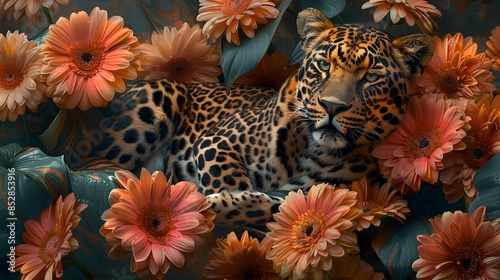 Majestic Leopard Amidst Vibrant Gerbera Daisy Blooms in Baroque-Inspired Scene