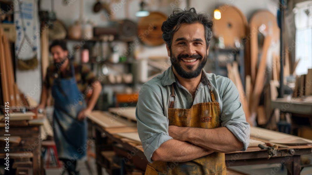 Smiling craftsman in apron posing confidently at modern furniture factory workshop Smiling craftsman in apron posing confidently at modern furniture factory workshop