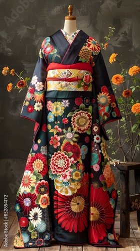 Intricate Japanese Kimono with Zinnia Flower Backdrop and Schematic Cytochrome P450 Enzymes © TEN.POD