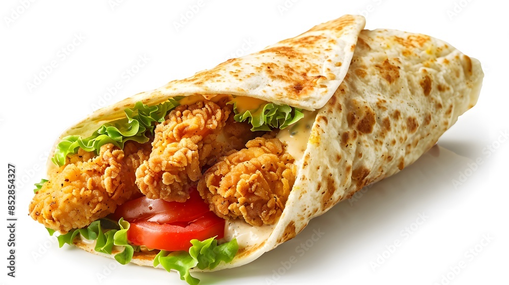 Fried chicken wrap on a white background, in a high resolution photographic style, stock photo with professional color grading and clear sharp focus. Fried chicken wrap on a white background, in a high resolution photographic style, stock photo with professional color grading and clear sharp focus.