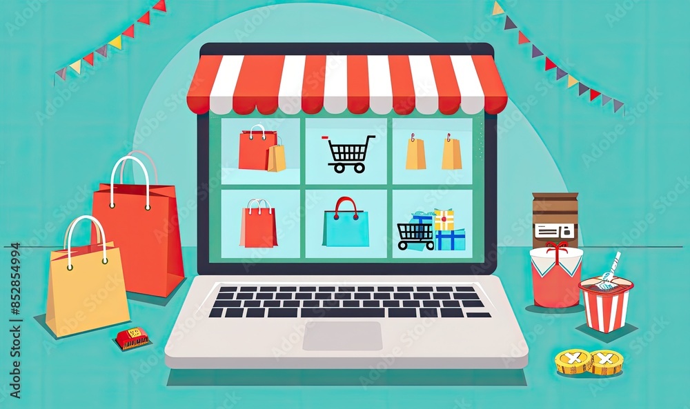 Fototapeta premium Illustration of an online shopping concept with a laptop, shopping bags, credit card, and colorful decorations on a turquoise background.