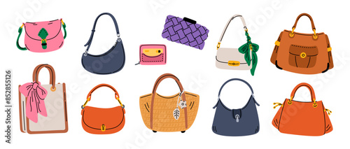 Woman handbags. Trendy designer female bags. Leather and textile ladies accessories. Fashionable shopping. Stylish purse. Modern shopper and crossbody. Luxury clutch. Garish vector set
