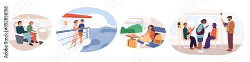 People on different vehicles. Cartoon passengers traveling in various ways. Couple sitting on bus seats. Train traffic. Plane flight. Public transport. Yacht cruise. Garish vector set