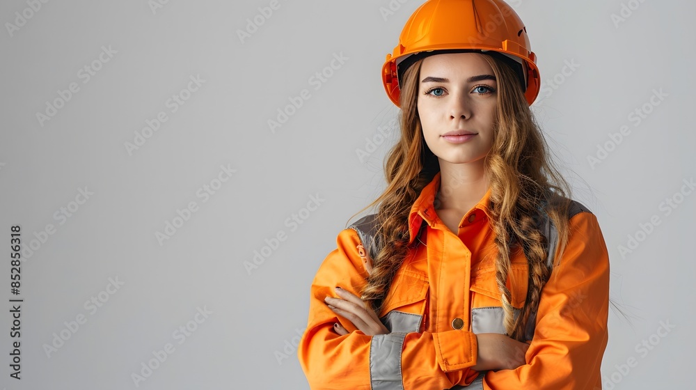 Portrait of a beautiful young woman in orange workwear with a helmet on a white background, vibrant colors, studio lighting.