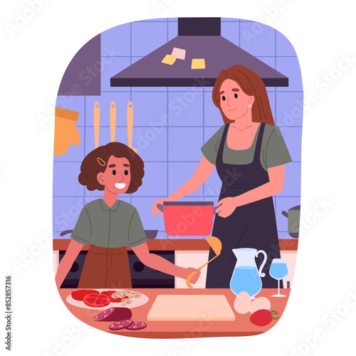 Cooking mom and kid. Female characters cooking food at home, mother and daughter preparing tasty dishes flat vector illustration. Homemade meal preparation