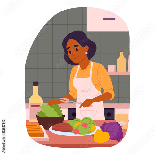 Cooking woman. Female characters cooking at home, tasty dishes, preparing food at home flat vector illustration. Homemade meal preparation