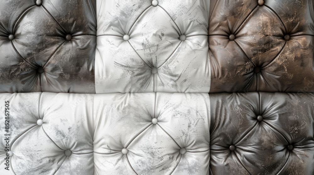Fototapeta premium Texture of vintage leather in classic white light and dark gray hues for interior design