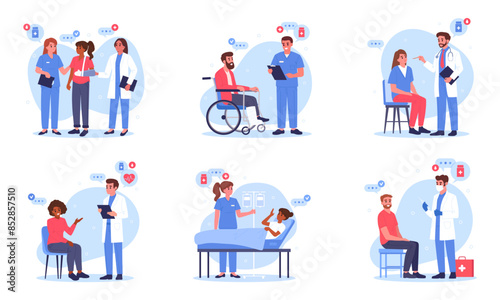 Doctors and patients. Medical staff with hospital patients, doctors and nurses diagnosing and advising patients flat vector illustration set. Clinic professional workers with patients