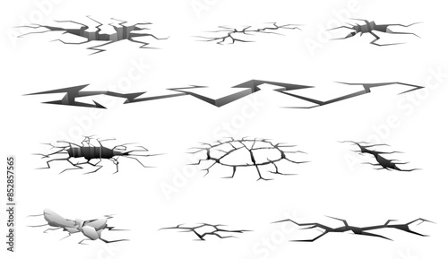 Ground cracks. Earthquake effects. Damaged surface. Holes in ruin floor. Destruction cleft. Road split. Grungy fissure. Land erosion. Wall wrecking. Damaged dried elements vector set