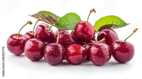 Wallpaper Mural Red cherries, a bunch of cherries with leaves isolated on a white background. White transparent background for easy shadow play and composition setting. Torontodigital.ca