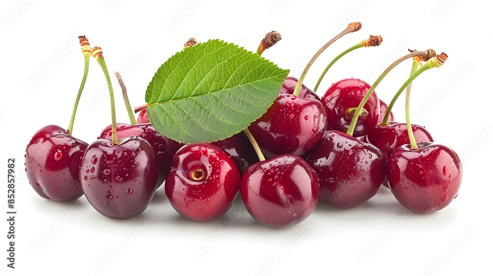 Red cherries, a bunch of cherries with leaves isolated on a white background. White transparent background for easy shadow play and composition setting. Red cherries, a bunch of cherries with leaves isolated on a white background. White transparent background for easy shadow play and composition setting.