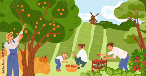 Farmers at harvest. Gardeners pluck fruits from trees. People pick strawberries from beds. Kids tomatoes are put in boxes. Agriculture workers growing vegetables. Garish vector concept