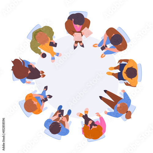 Sitting people. People people sitting in circle, students or anonymous club group view from above, sitting characters top view flat vector illustration. Cartoon people group top view