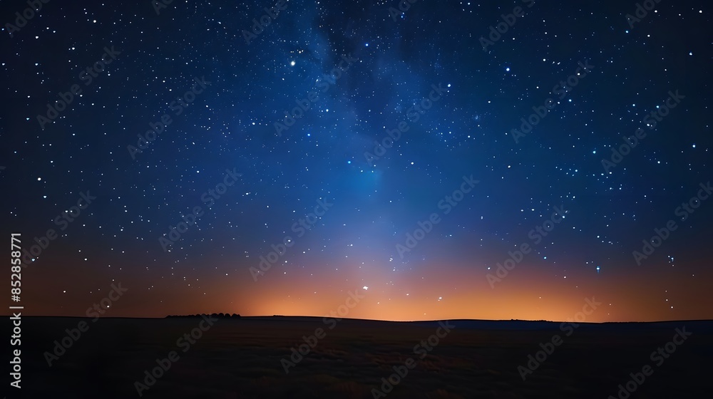 Starry night sky with the Milky Way, viewed from an open field at dusk. There are no light sources but some distant city lights glowing subtly below. Incredibly beautiful, relaxing.