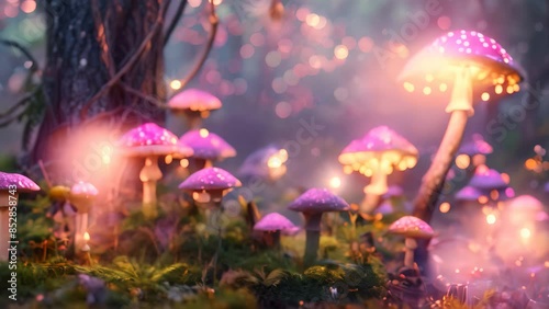 A cluster of mushrooms growing in the lush green grass of a forest, An enchanting forest filled with colorful mushrooms and fairy lights photo