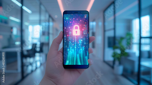 Screen highlighting cybersecurity. Modern business solutions for digital data protection and integrity. Digital security at your fingertips.