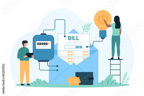 Electricity bill, payment for invoice. Tiny people press power button on light bulb, man and woman check electric meter to pay for electricity consumption and save energy cartoon vector illustration