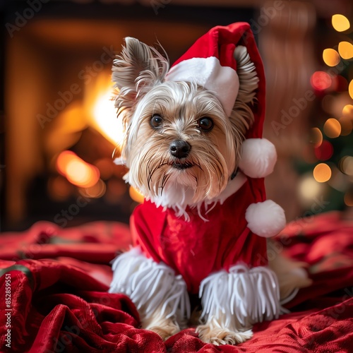 Cute Yorkshire Terrier dog wearing a Santa hat by the fireplace.