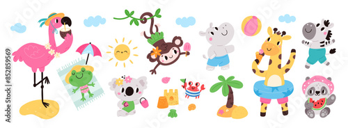 Cartoon animals on beach. Fauna characters in swimwear and shorts. Summer holidays. Lifebuoys and umbrellas. Summertime vacation. Cute flamingo. Happy giraffe in bikini. Garish vector set