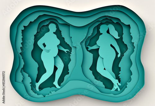 A turquoise paper sculpture of two full-figured women in dynamic poses, showcasing their beauty and strength against an isolated white background with intricate layers for depth. 