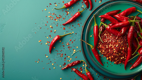 Spicy Chilli Flakes and Fresh Raw Chillies on Plate over Blue Background photo