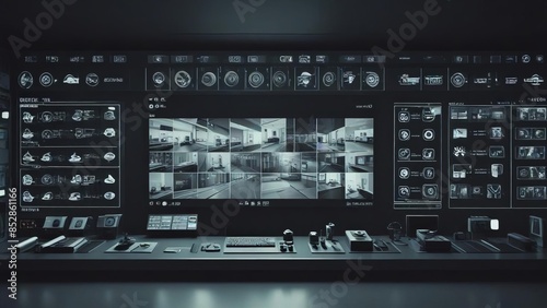 Command Center Surveillance: A high-tech security hub with an array of monitors displaying live CCTV footage, data analytics, and control panels, evoking themes of vigilance, technology, and protectio