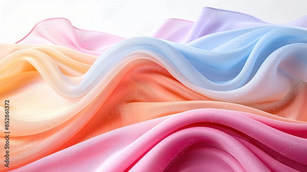 Obraz premium Soft, flowing pastel fabric in shades of pink, orange, yellow, and blue. Perfect for background or product display.