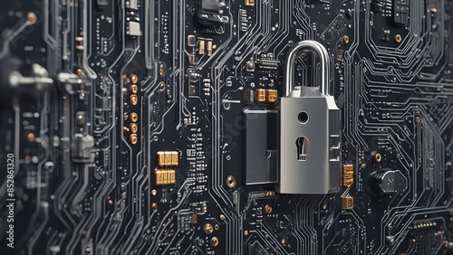 Cybersecurity: A Silver Lock on a Circuit Board - A close-up shot of a silver padlock secured on a circuit board, symbolizing the importance of cybersecurity in the digital age. This image is ideal fo
