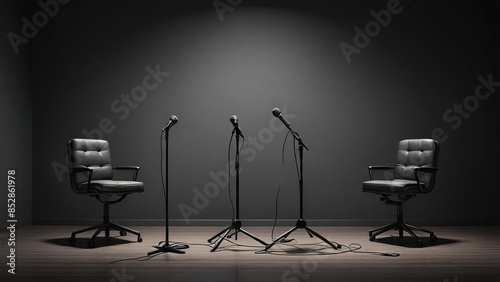 The Stage Awaits: Four Microphones and Two Empty Chairs in a Stark Spotlight 