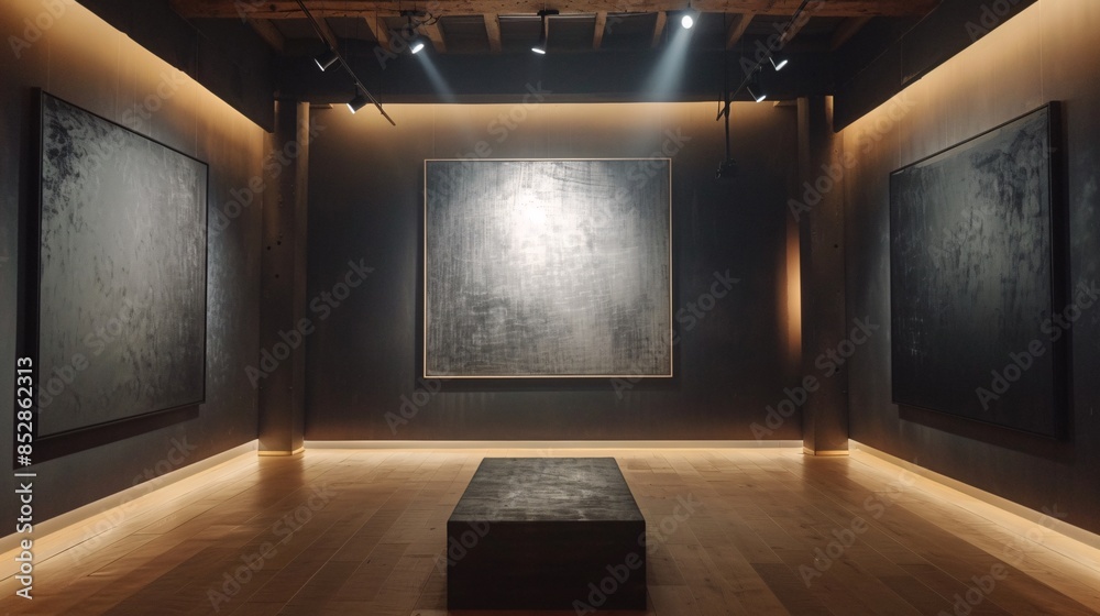 Fototapeta premium Dark room with a single light source illuminating a creative art display