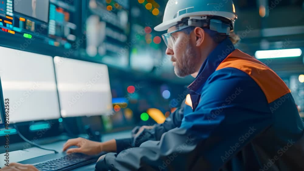 Engineer in hardhat focused on SCADA system displayed on a computer screen, An engineer operator monitors a SCADA system in a control room environment Engineer in hardhat focused on SCADA system displayed on a computer screen, An engineer operator monitors a SCADA system in a control room environment