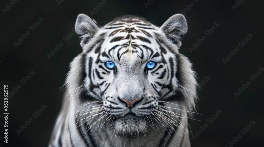 Obraz premium Majestic white tiger with blue eyes in dark background a symbol of beauty and power wildlife nature portrait close up animal wild mammal tiger endangered species big cat feline blue eyes dark