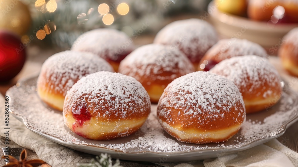 Indulge in the delightful Hanukkah treat of sufganiyot pillowy doughnuts bursting with sweet jam and dusted with powdered sugar Indulge in the delightful Hanukkah treat of sufganiyot pillowy doughnuts bursting with sweet jam and dusted with powdered sugar
