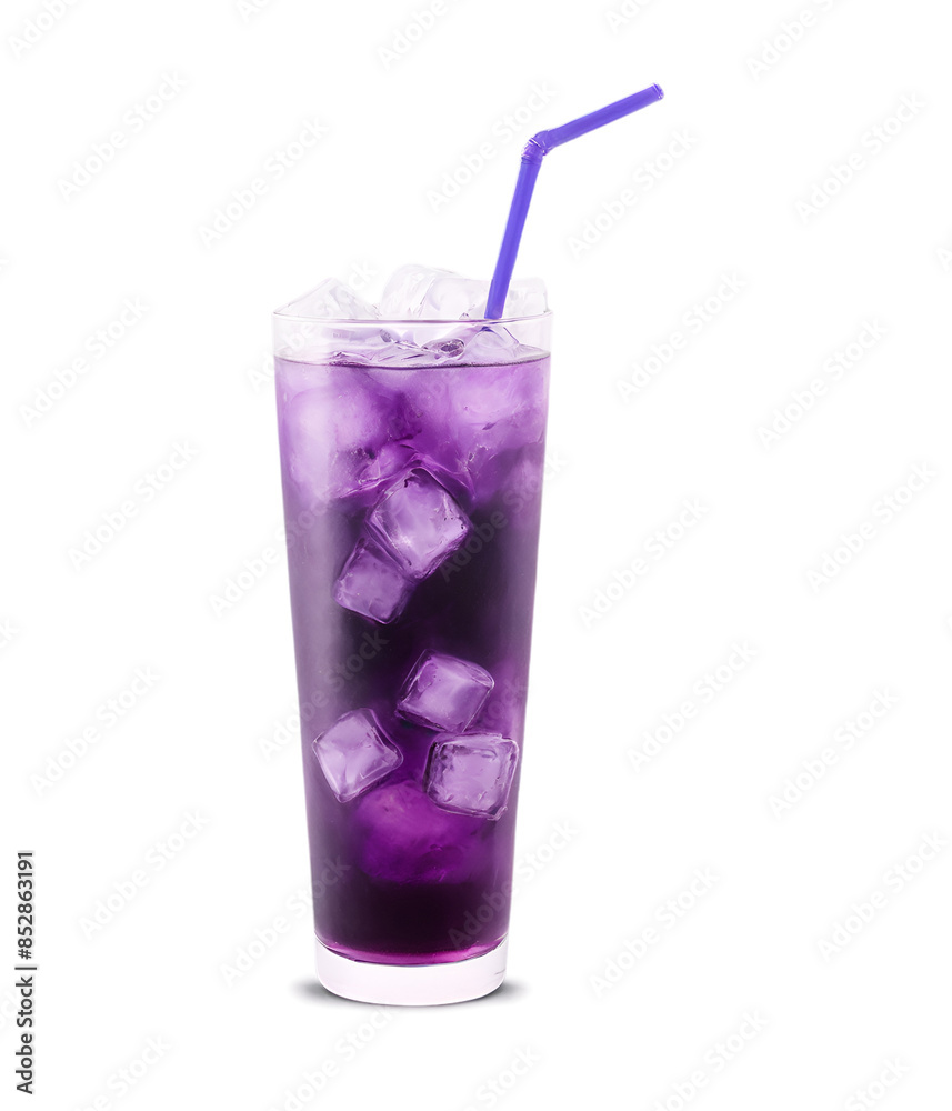 refreshing summer drink with ice, purple drink isolated on white, soda