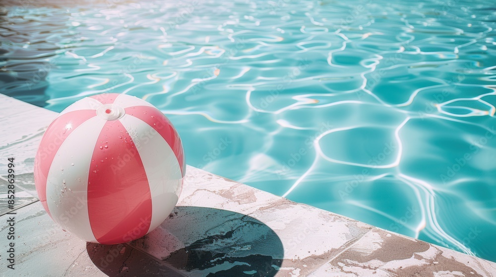 Obraz premium Close up of fuchsia and white inflatable beach ball on the corner of swimming pool, beautiful vacation background