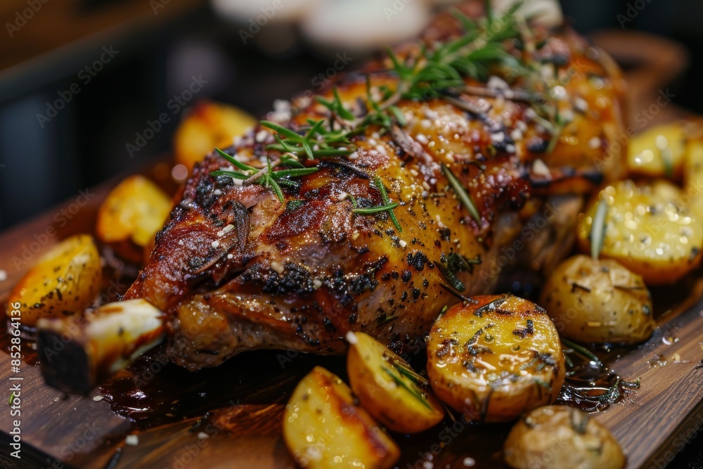 A succulent lamb leg marinated in rosemary, garlic, and olive oil A succulent lamb leg marinated in rosemary, garlic, and olive oil
