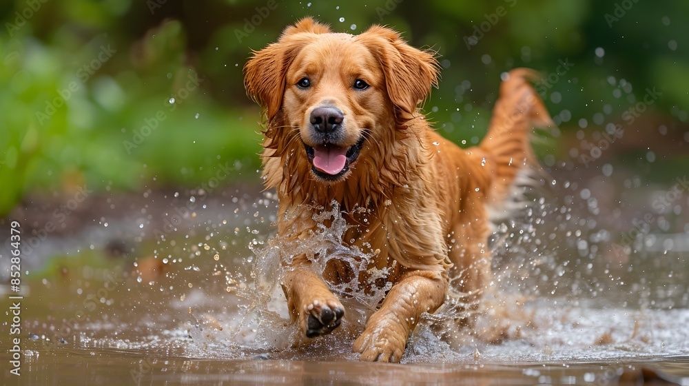 Joyful Golden Retriever Dog Frolicking in Muddy Field Joyful Golden Retriever Dog Frolicking in Muddy Field