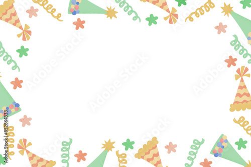 Birthday template for banner or greeting card with vibrant holiday bonnets and serpentine in candy pastel colors. Vector holiday hand drawn composition isolated on white background