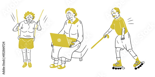 Set of outline doodle illustrations of active senior people. Using laptop, swinging and driving roller skates in park. Vector contrast sketchy drawings isolated on white background for logo, sticker