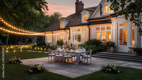 Summer evening on the patio of beautiful suburban house with lights in the garden garden, digital ai
