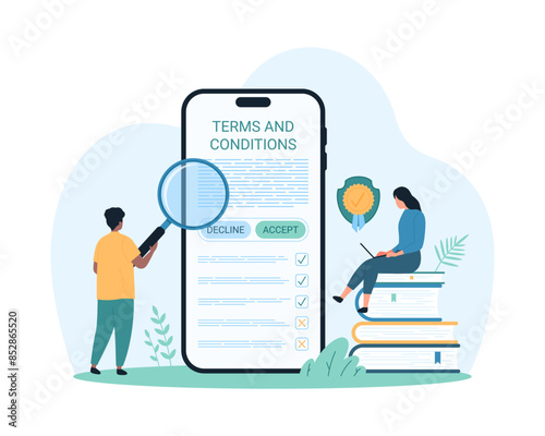 Terms and conditions online research. Tiny people study with magnifying glass business documents for law compliance, agreements and contracts on mobile phone screen cartoon vector illustration