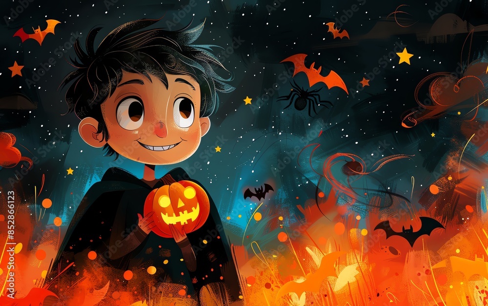 A joyful child in a Halloween costume holds a glowing pumpkin lantern, surrounded by bats and stars under a dark sky. A joyful child in a Halloween costume holds a glowing pumpkin lantern, surrounded by bats and stars under a dark sky.